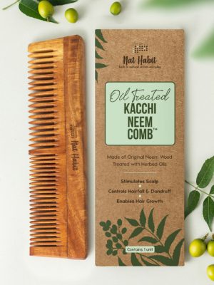 Nat Habit Kacchi Neem Dual Wooden Tooth Comb - Soaked in 17 Herbs & Oils for Frizz Control