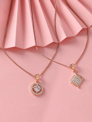 Zaveri Pearls Set of 2 Rose Gold-Plated Cubic Zirconia Studded Pendants with Chains